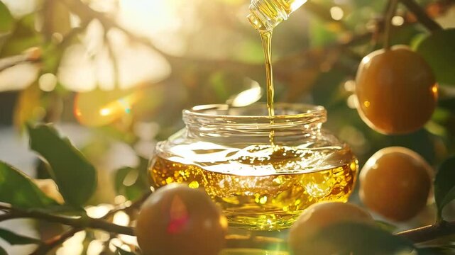 A close-up image showcasing golden oil being poured into a glass jar, surrounded by fresh yellow plums and green leaves. Captured in natural sunlight, the scene highlights the natural beauty 