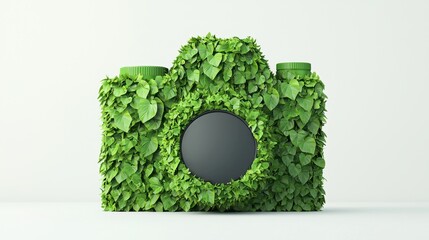 Green Camera Covered with Leaves for Eco-Friendly Photography Concept