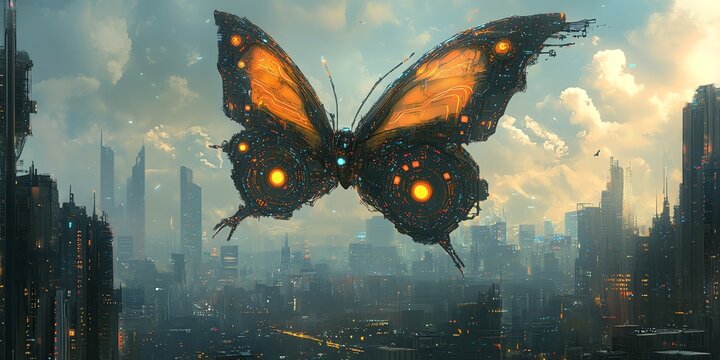 Giant Mechanical Butterfly Soaring Over Futuristic Cityscape at Dusk