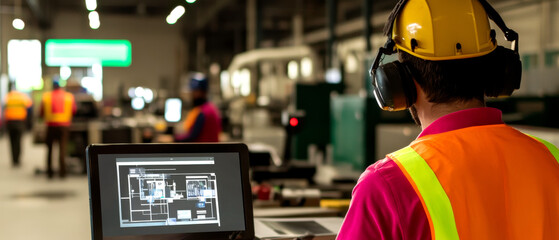 A worker wearing a helmet and safety gear monitors machinery with a computer in a factory environment.