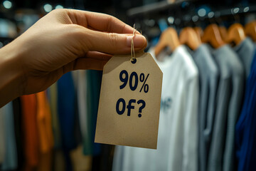 Hand holding a 90, off tag in a clothing store promotion enticing bargain