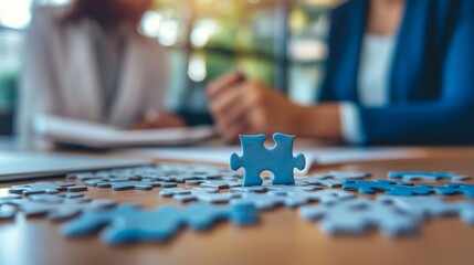 Teamwork Solving puzzle, office setting, collaboration