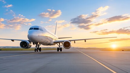 Obraz premium Airplane Landing on Runway at Sunset with Lights Illuminating the Path Ahead