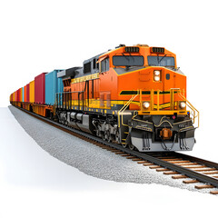 Obraz premium A powerful orange freight train with colorful cargo containers speeds along the tracks. BNSF Railway. 3d Transportation isolated in white background. Freight Train on Tracks, Colorful Cargo Containers