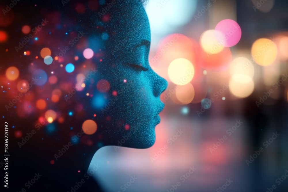 Leinwandbilder a figure made of glowing blue particles is partially dissolving, blending into a vibrant cityscape f