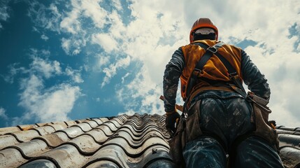 A construction worker stands on a rooftop facing a cloudy sky