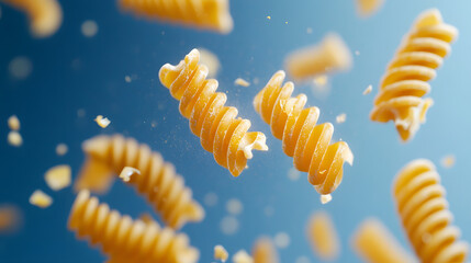 A few pieces of uncooked corn macaroni, airborne, floating mid-motion. --ar 16:9