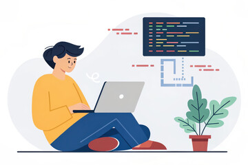 young man coding on laptop, surrounded by plant and colorful code display. scene conveys relaxed and focused atmosphere, perfect for programming enthusiasts