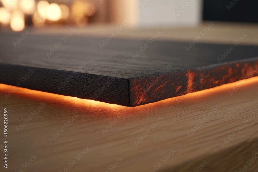 Poster medium close-up of a rustic wooden acoustic panel on a natural wood surface, accentuated by soft lig