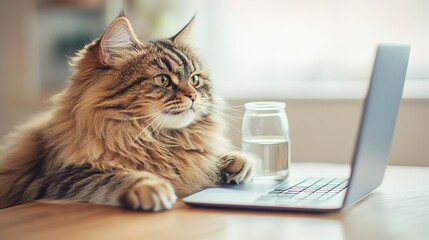 A Curious Maine Coon Cat Engaged with a Laptop Computer in a Cozy Indoor Environment, Showcasing its Intriguing Personality and Technology Interaction.