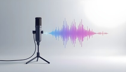 A professional podcast microphone emitting dynamic sound waves, set against a sleek light gray background, symbolizing broadcasting, audio recording, and digital communication.
