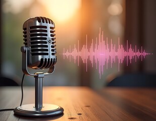 A professional podcast microphone emitting dynamic sound waves, set against a sleek light gray background, symbolizing broadcasting, audio recording, and digital communication.
