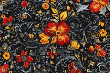 An Exquisite Close-up of a Colorful Floral Pattern Featuring Rich Red and Yellow Flowers Against a Dark Background, Perfect for Textile or Wallpaper Design.