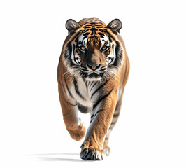 Obraz premium Isolated image of a tiger walking menacingly on a white backdrop