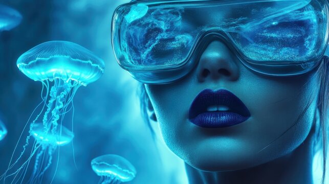 Woman wearing futuristic goggles in a vibrant underwater setting with glowing jellyfish