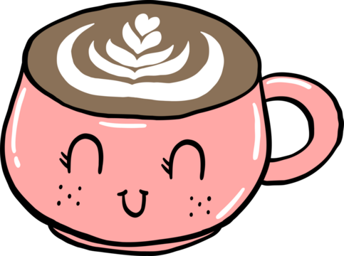 Adorable hand-drawn illustration of a pink coffee cup with a happy face, featuring latte art on top in a playful cartoon style