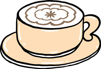Playful hand-drawn illustration of a cappuccino in a cup with intricate latte art, featuring a minimalist and modern cartoon-style design