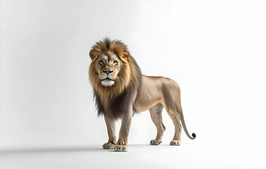 Fototapeta premium Magnificent lion standing elegantly against a pristine white backdrop