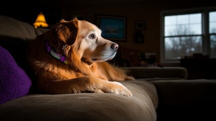 Obraz premium A golden retriever is lounging comfortably on a plush, modern sofa in a well-decorated living room, bathed in soft, natural light