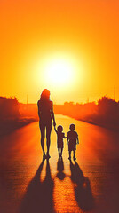 Pixelated Sunset Silhouette Of Mother And Two Children Walking On