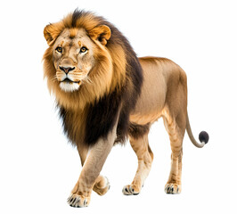 Fototapeta premium Majestic Male Lion Striding Confidently Forward, Isolated on White Background