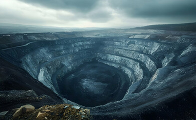Majestic Open-Pit Mine Landscape Under a Dramatic Sky, Industrial Extraction