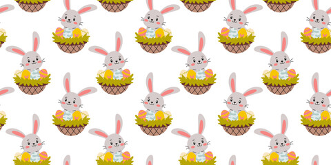 Cute cartoon bunnies in nests with colorful eggs create a festive atmosphere for spring celebrations and Easter events