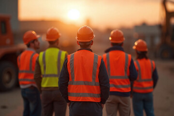 group of construction workers standing in front of a construction site