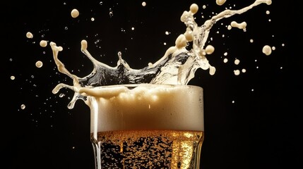 Craft beer splashes from a glass in a dark setting, showcasing bubbles and foam at a brewery event