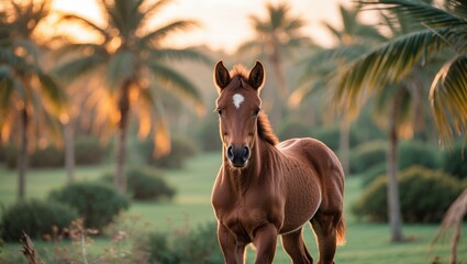 Young horse amidst palm trees landscape