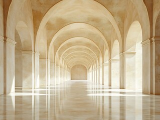 Fototapeta premium Serene sunlit arcade glows warmly marble floors reflect soft light. AI Generated