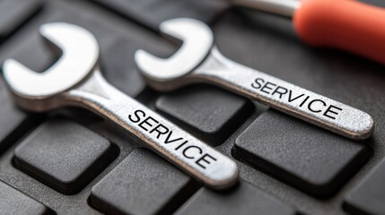 Fototapeta premium Wrenches with Service Engravings on a Black Keyboard Background