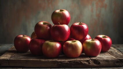 Red Gala Apples Piled on a Wooden Surface Background.
