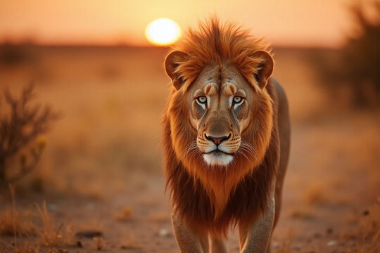 lion walking across a grassy field with a lion in the background