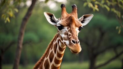 Obraz premium Close-up of a giraffe against a backdrop of green trees