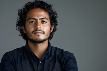 Portrait of a confident young man with dark curly hair and beard