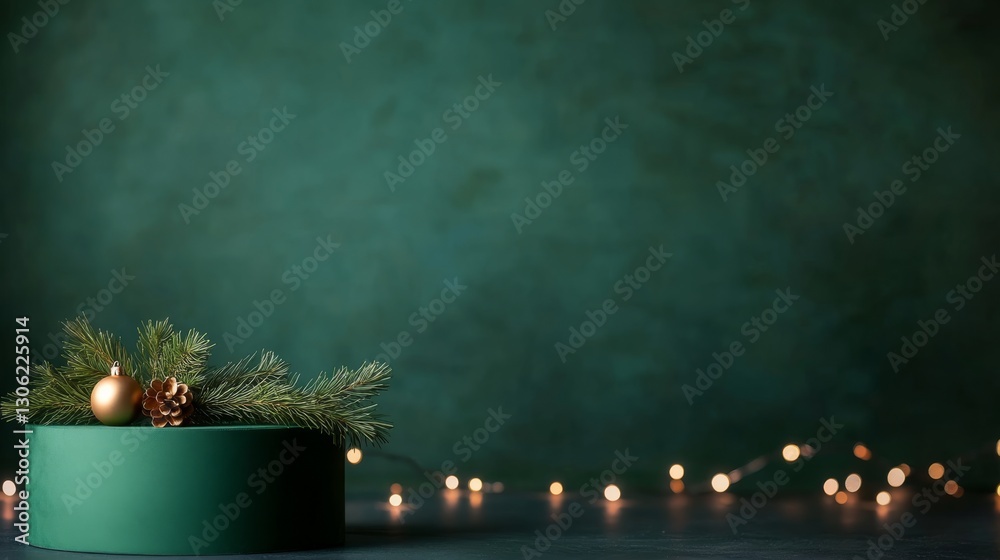 Aufkleber a green circular podium features pine branches and golden ornaments, illuminated by soft fairy light
