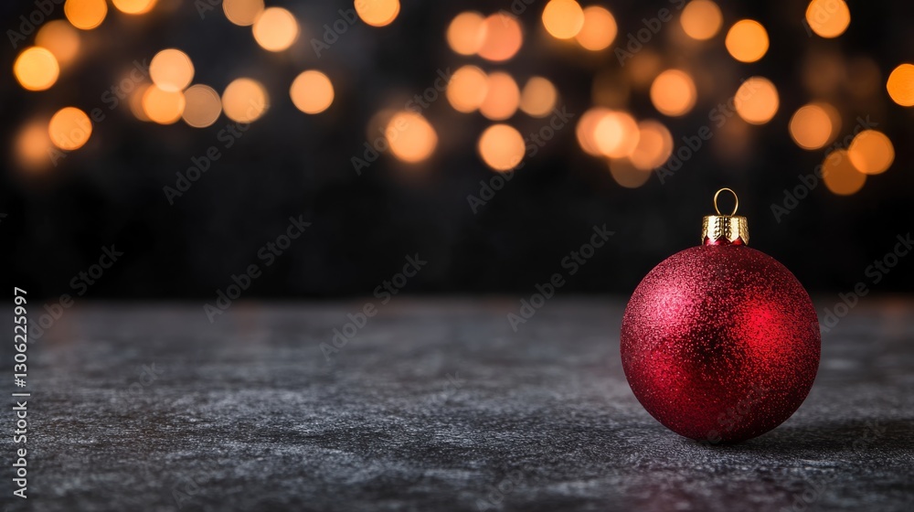 Poster a shiny red christmas ornament rests on a textured silver surface, surrounded by soft bokeh lights, 