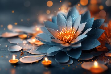A vibrant 3D-rendered rangoli design, with each element glowing subtly and surrounded by lit diyas and petals