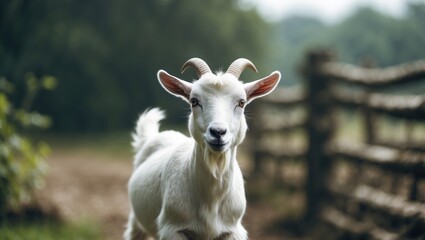 Fototapeta premium Goat on a farm, a domesticated animal raised for its meat and milk products.