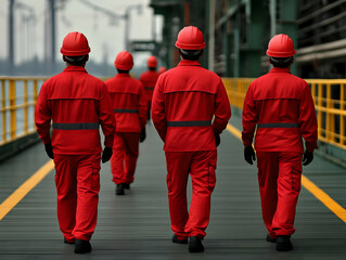 Rear View Of Red Uniformed Workers Walking On Factory Bridge Photo