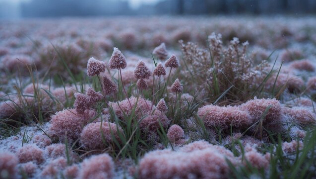 Grass affected by snow mold, a type of plant disease. Pink snow mold, referred to as Fusarium patch, is caused by Microdochium nivalis, while gray snow mold, known as Typhula blight, results from T...