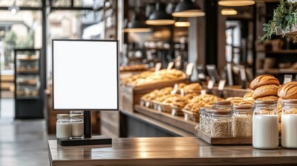 Cozy and Clean Bakery Interior with Fresh Pastries and Milk Display – Modern Design Focused on Warmth and Comfort. Blank advertising mockup board for advertisement at the bakery shop. 