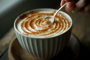 A delicate latte with an intricate spiral pattern, meticulously crafted by a skilled barista, revealing the artistry and precision of modern coffee preparation.