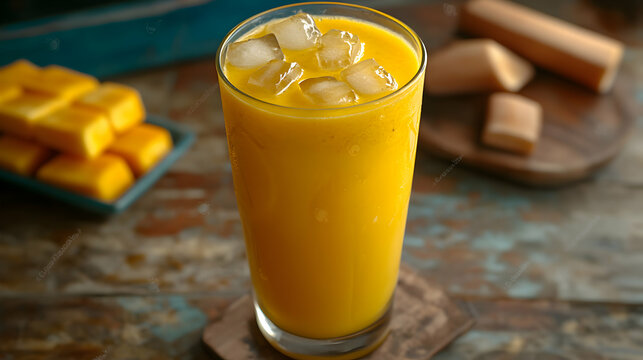 Refreshing cuban guarapo drink served in glass with ice cubes on wooden table