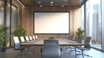 Fototapeta premium Modern conference room with large screen and sleek design overlooking the city skyline