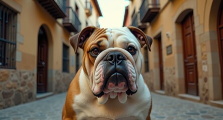 Bulldog gazing directly at the camera in an ancient Spanish town.