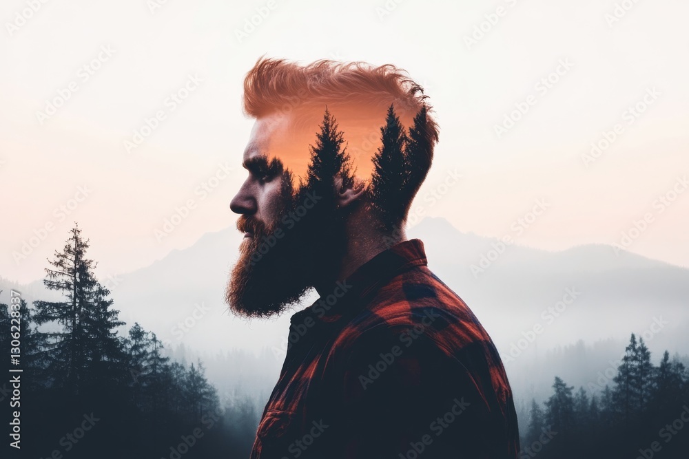 Poster A lumberjack with a solemn expression walks through a mist-covered forest, blending seamlessly with the mist and towering trees, evoking tranquility