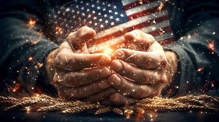 Fototapeta premium United states freedom close-up of hands holding sparks in dramatic photography and patriotism