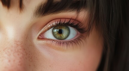 Close Up Of A Woman's Green Eye With Freckles And Soft Makeup